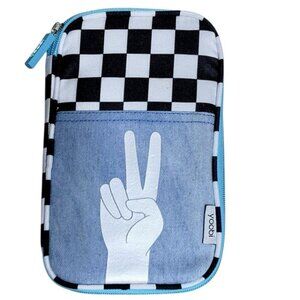 Yoobi Peace Sign Denim Checkerboard Organizer Pencil Case 7 Pocket Zip Around